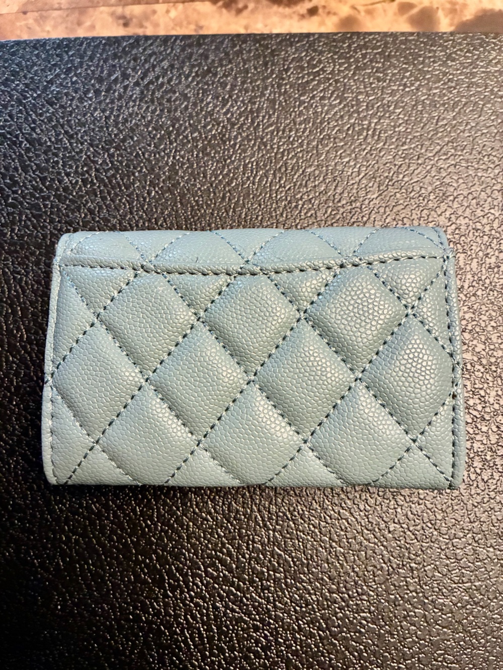 ChaneI Caviar Quilted Flap Mini Wallet Grey Blue with Gold - Tone Logo - Picture 2 of 6